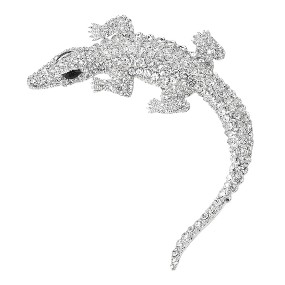 Silver Crocodile Alligator Pave Crystal Bling 4.4" Brooch Pin Rhinestone